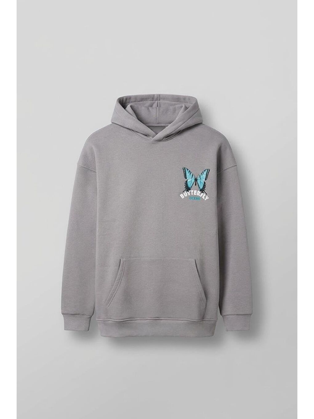 Unisex Oversize Butterfly Baskılı %100 Pamuk Hoodie Gri-1