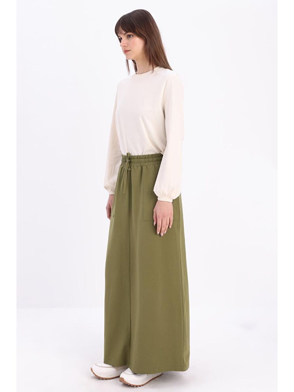 Haki Pamuklu İki Cepli Etek-2