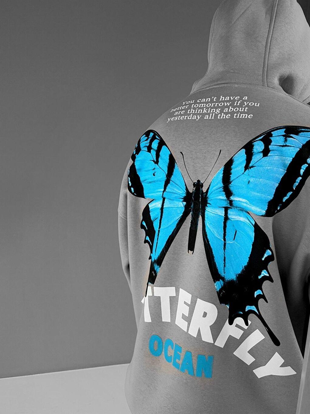 Unisex Oversize Butterfly Baskılı %100 Pamuk Hoodie Gri-3