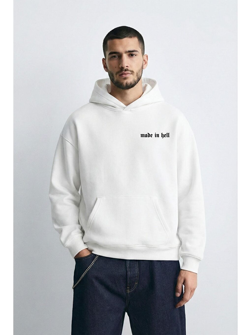 Erkek Oversize Baskılı Premium Kapüşonlu Sweatshirt Ekru-2