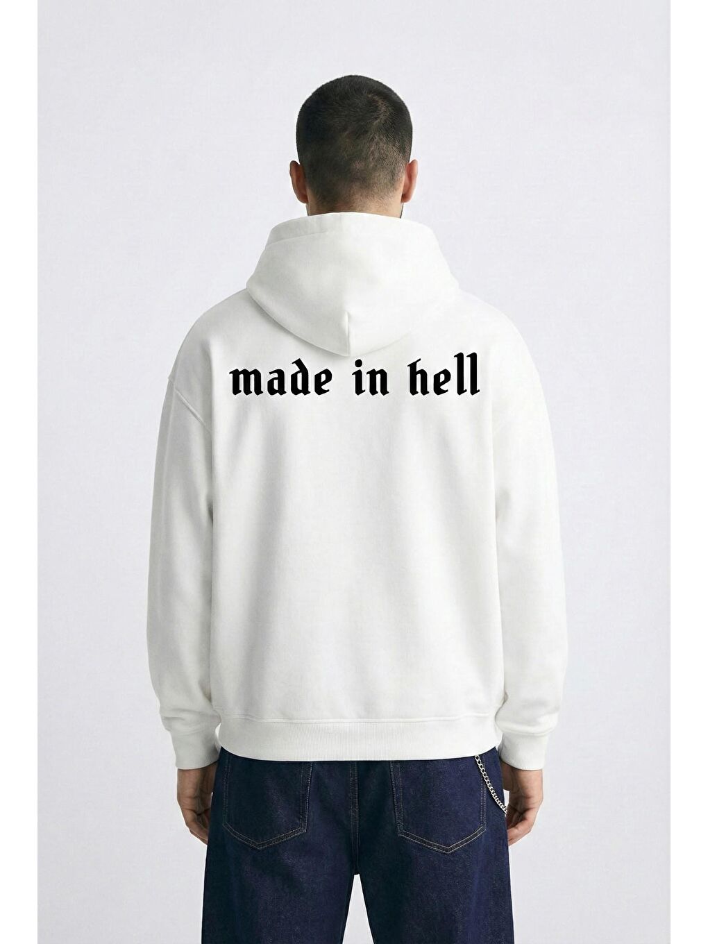 Erkek Oversize Baskılı Premium Kapüşonlu Sweatshirt Ekru-3