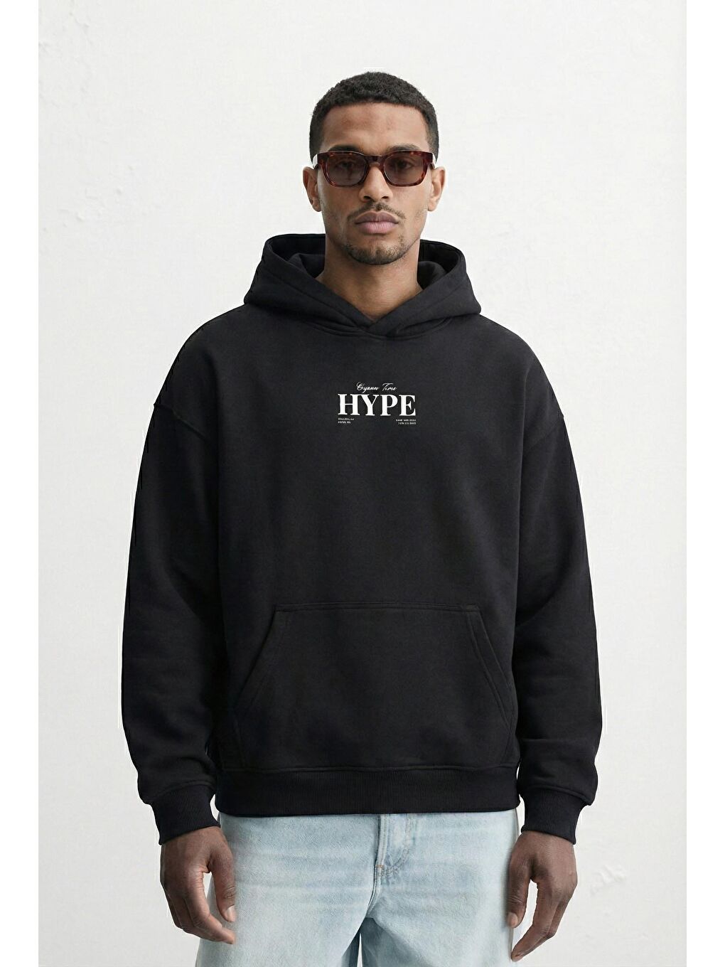 Oversize Hype Baskılı Premium Kapüşonlu Erkek Hoodie Siyah-2