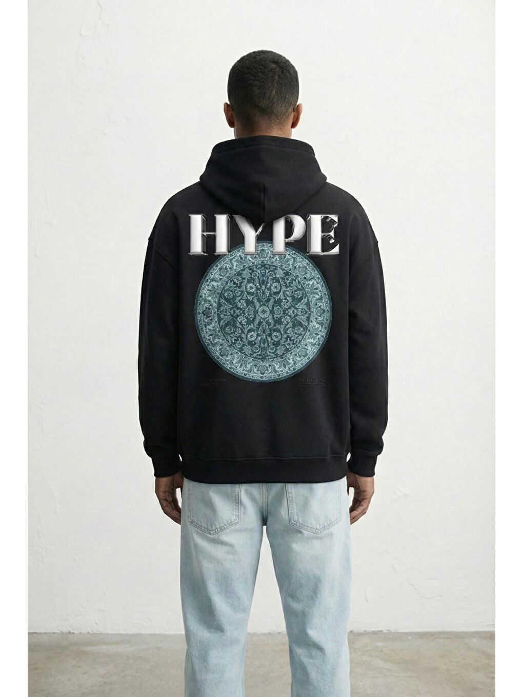 Oversize Hype Baskılı Premium Kapüşonlu Erkek Hoodie Siyah-3