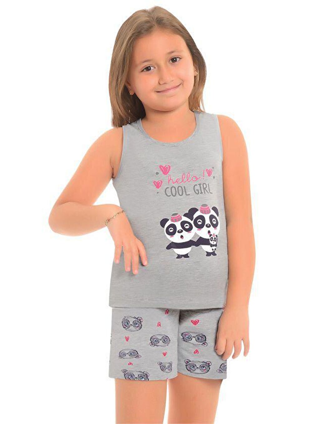 LITTLE FROG KIDS Gri Pamuklu Kalın Askılı Desenli Şortlu Kız Çocuk Pijama Takım