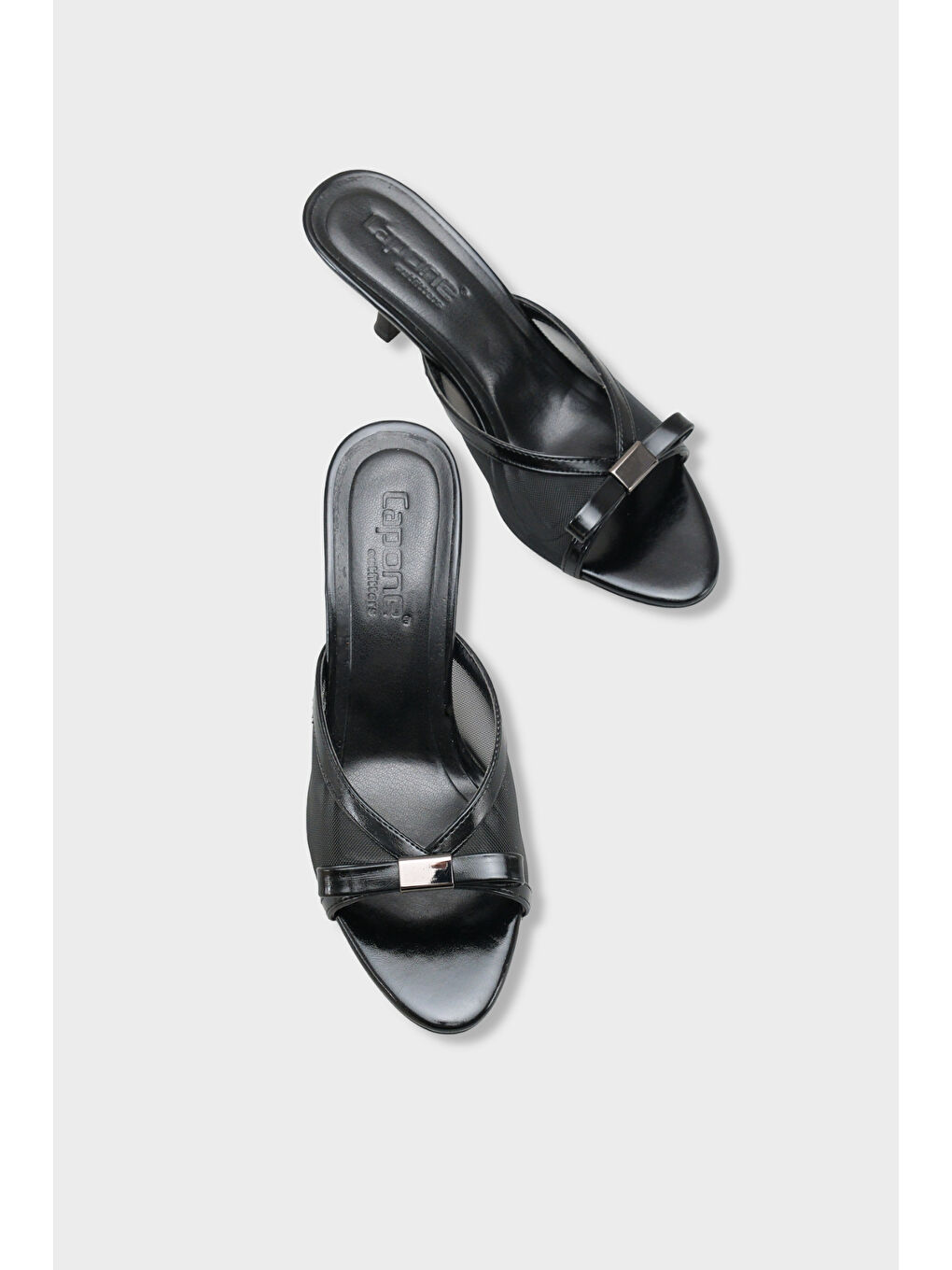 Siyah Robbi Sivri Burunlu Fileli Fiyonklu Orta Topuklu Kadın Terlik-5