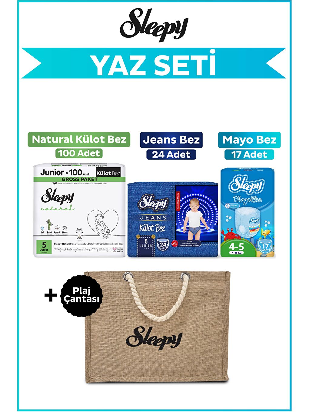 5 Numara Junior Natural Gross 100+Mayo Bez 17+Jeans Külot Bez 24+Plaj Çantası