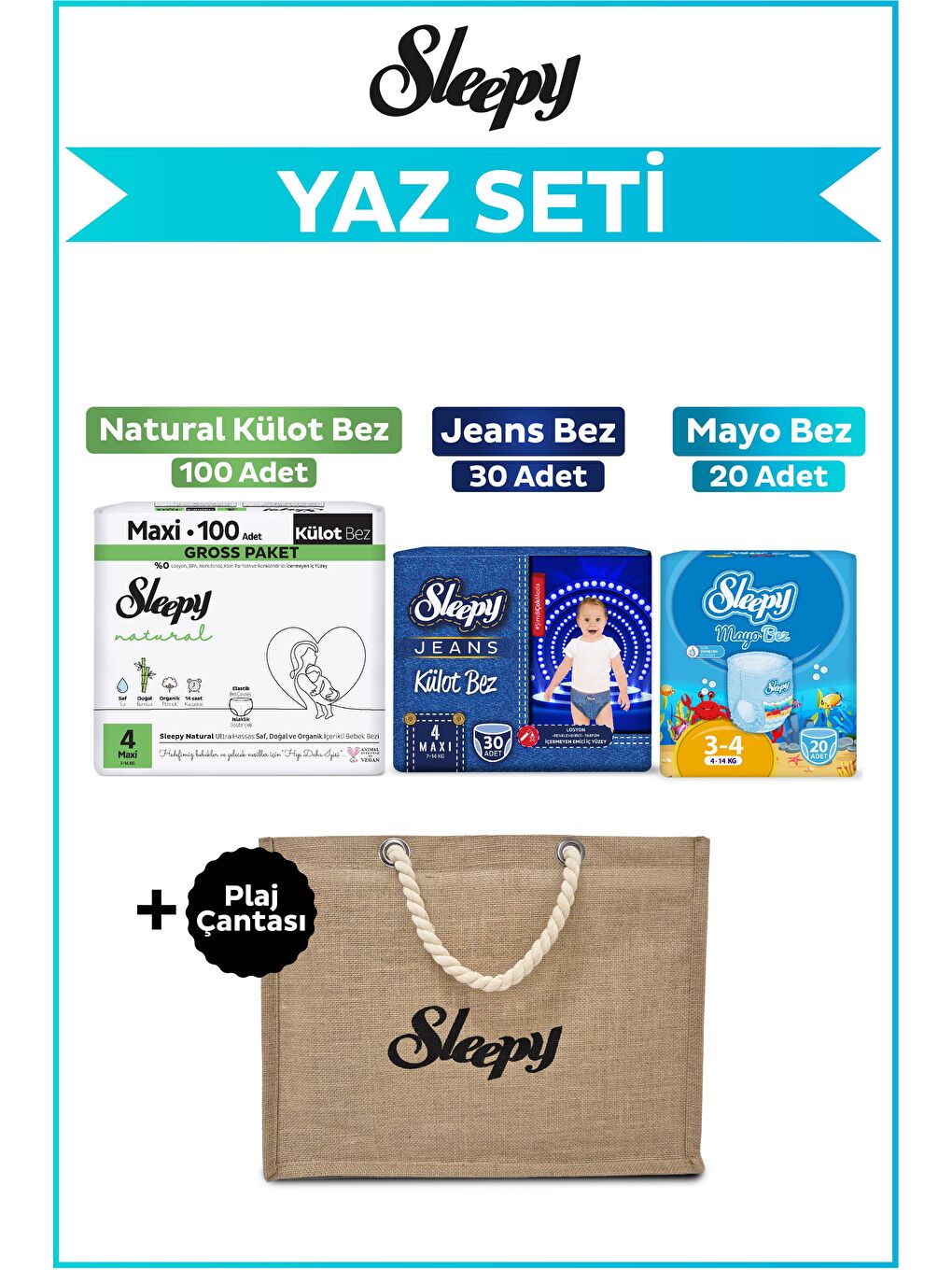 4 Numara Maxi Natural Gross 100+Mayo Bez 20+Jeans Külot Bez 30+Plaj Çantası