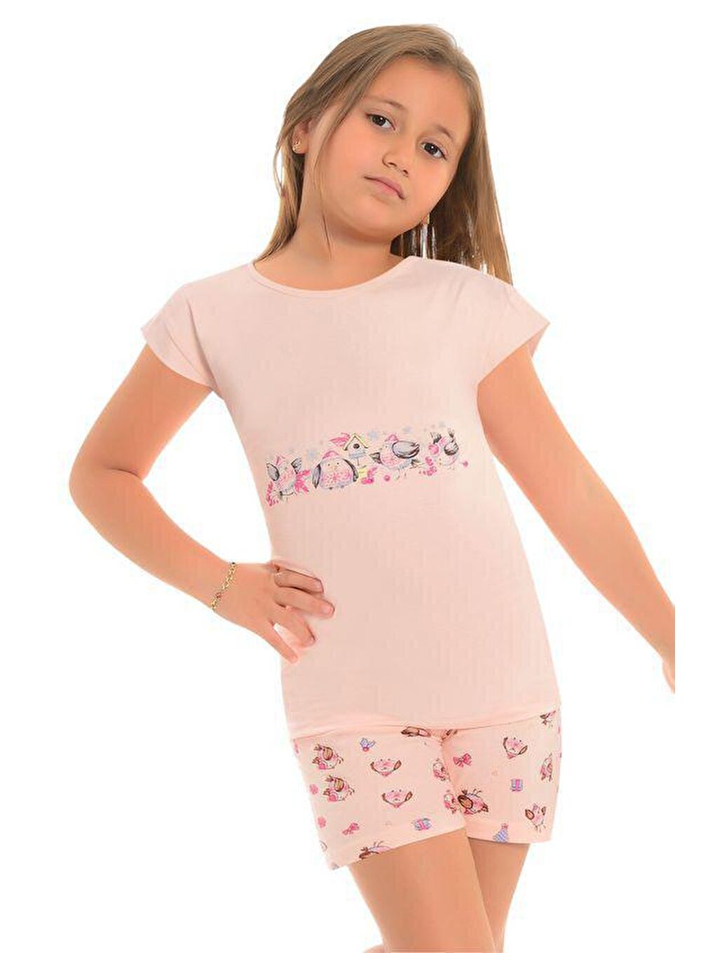 Pembe Pamuklu Kısa Kollu Desenli Şortlu Kız Çocuk Pijama Takım