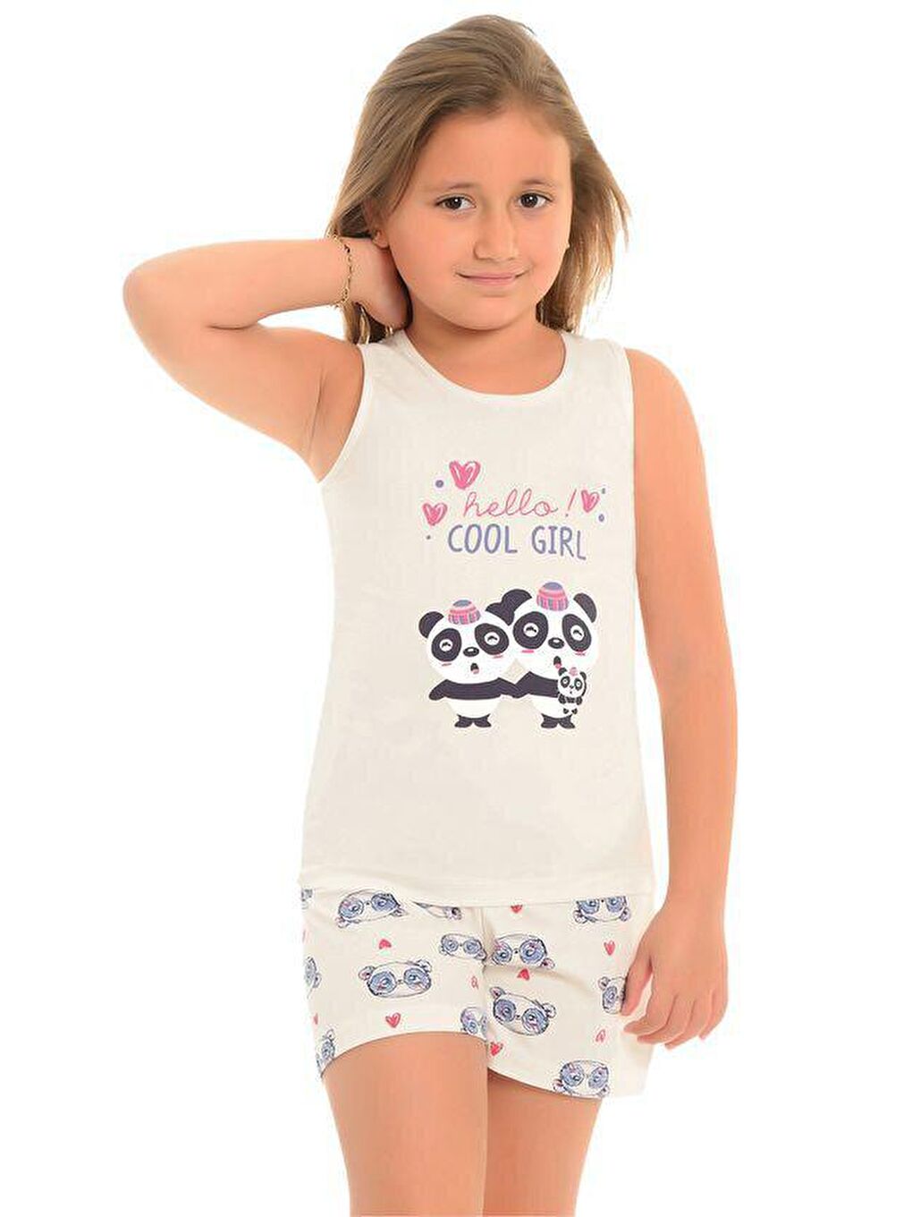 LITTLE FROG KIDS Ekru Pamuklu Kalın Askılı Desenli Şortlu Kız Çocuk Pijama Takım