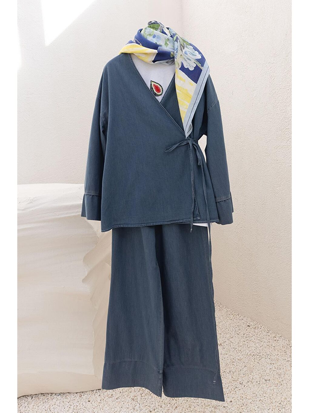 Açık Mavi-Bel Bağlamalı Pantolonlu Takım-5