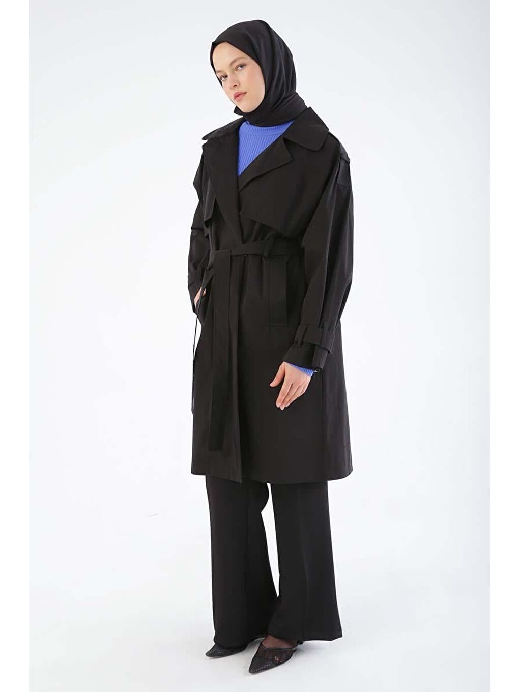 Siyah Kemerli Çıtçıtlı Oversize Trençkot