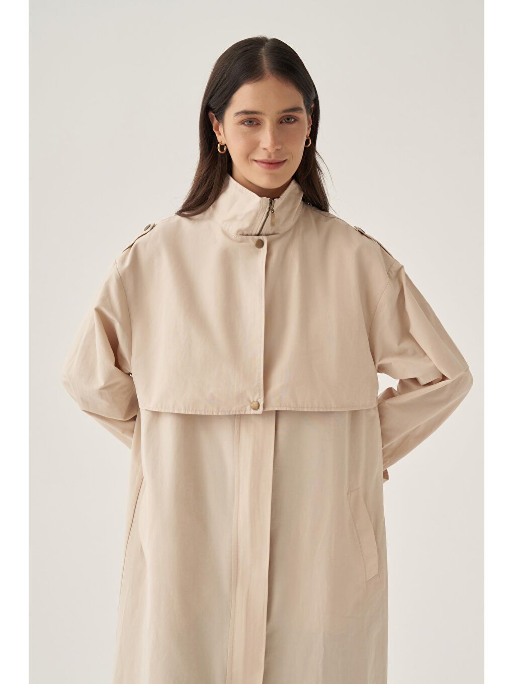 Bej Taş-Cepli Rüzgarlıklı Trençkot-4