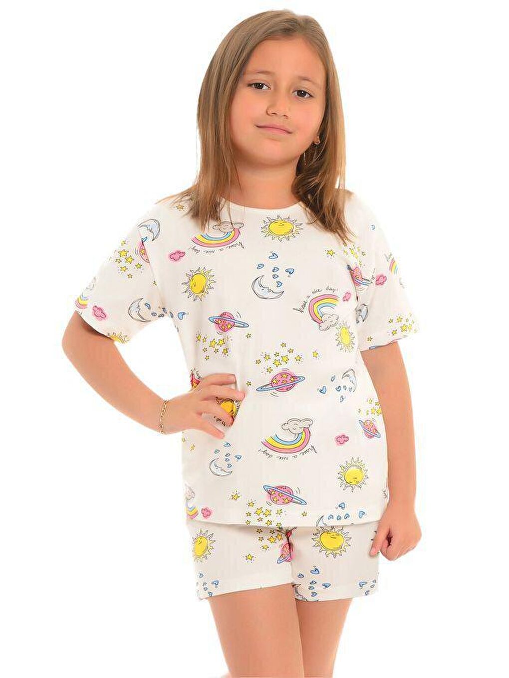 LITTLE FROG KIDS Ekru Pamuklu Kısa Kollu Desenli Şortlu Kız Çocuk Pijama Takım