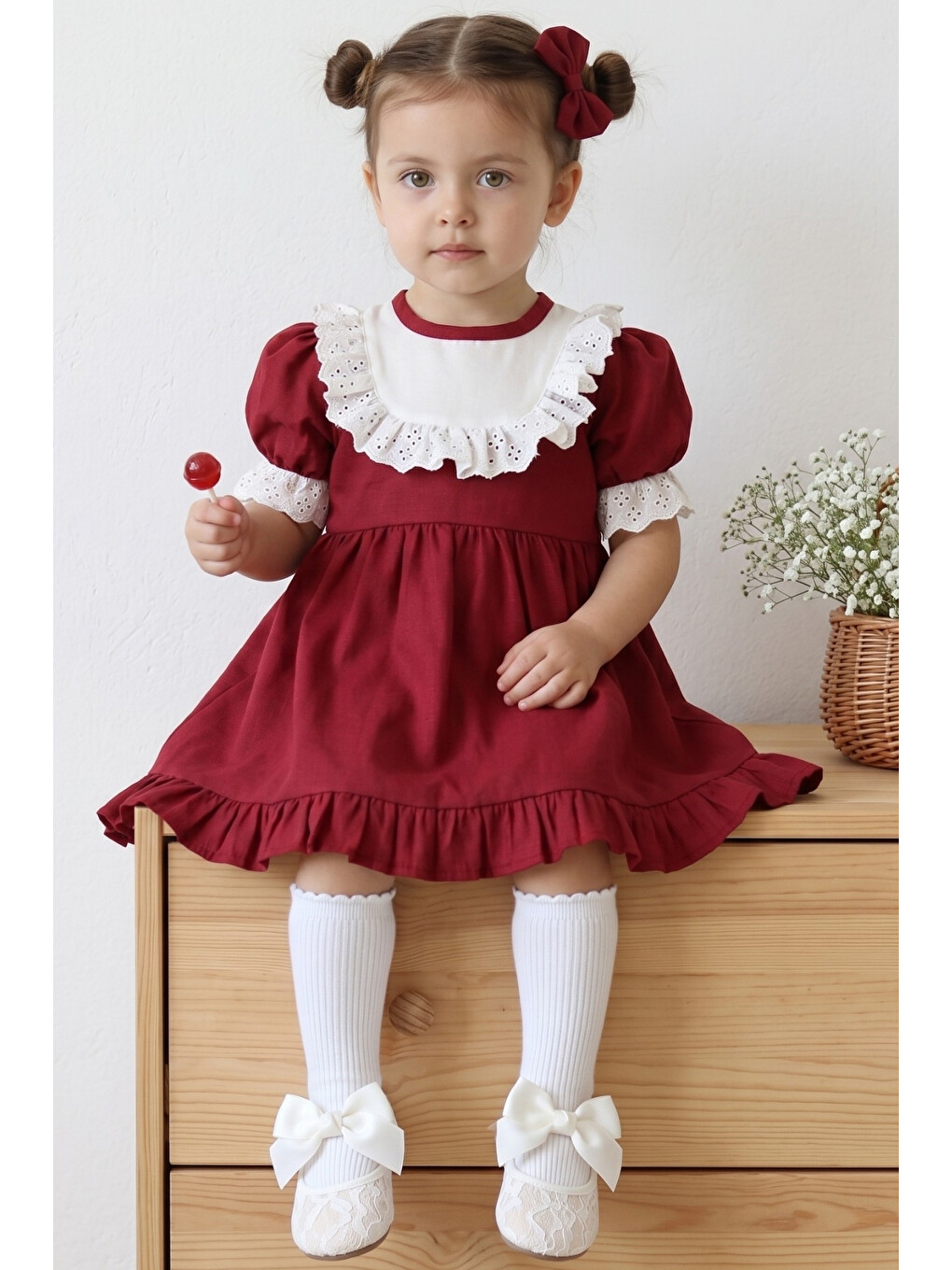 Kız Çocuk Bordo Ruby Fırfırlı Dantel Detaylı Kısa Kollu Elbise Bandana Takım-1