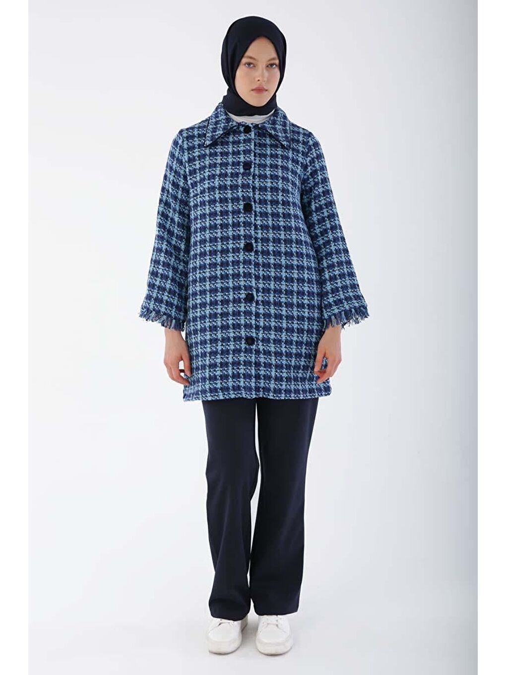 İndigo Kadife Düğmeli Gömlek Yaka Tüvit Ceket-1