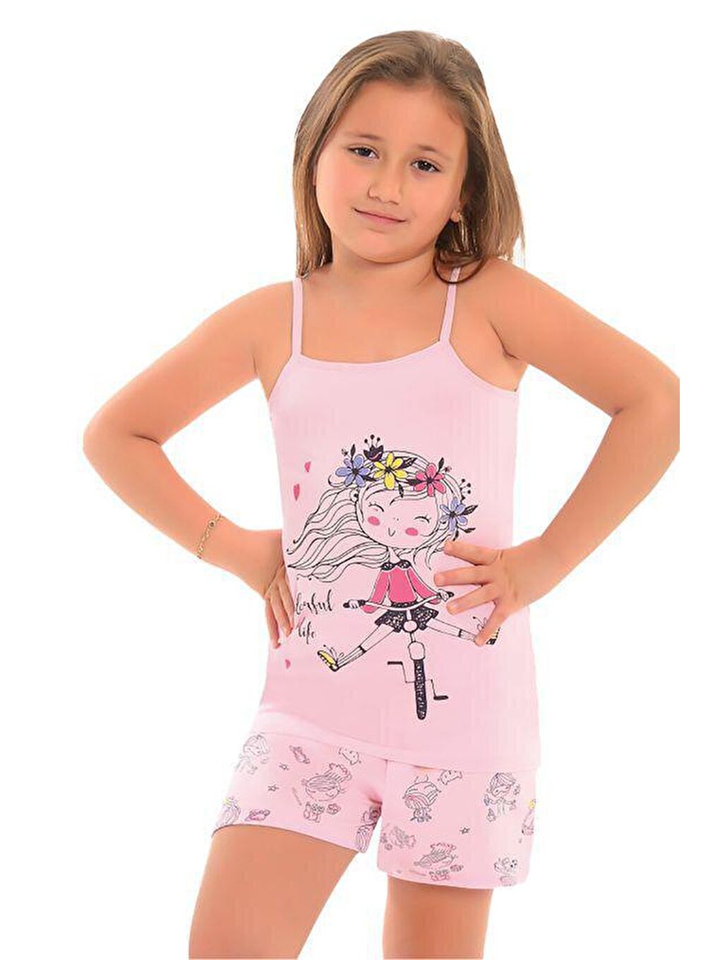 LITTLE FROG KIDS Pembe Pamuklu İnce Askılı Desenli Şortlu Kız Çocuk Pijama Takım