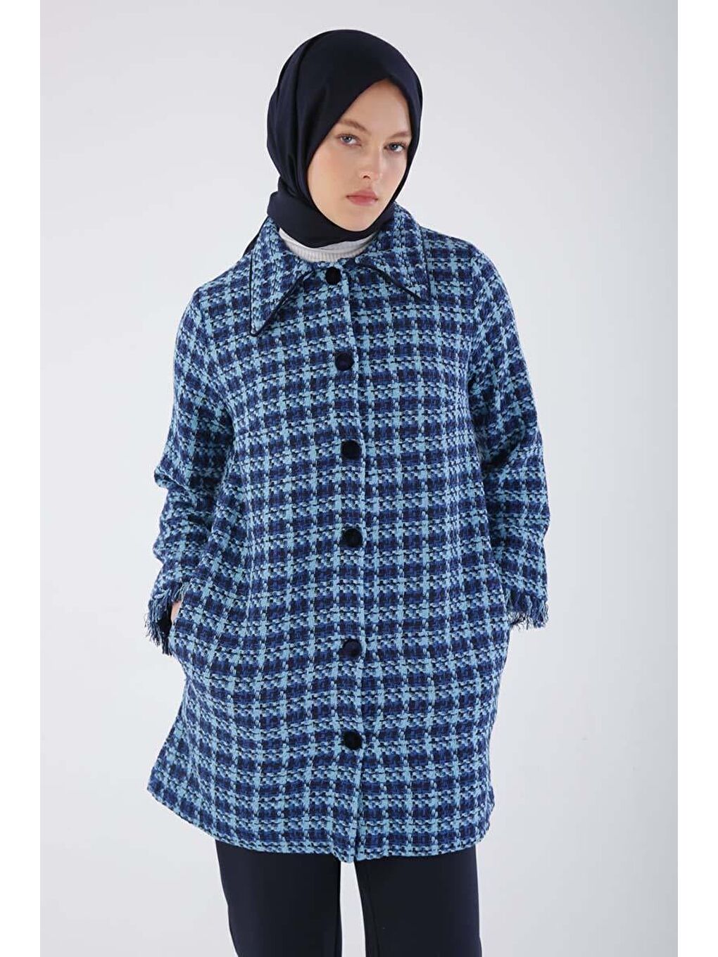 İndigo Kadife Düğmeli Gömlek Yaka Tüvit Ceket-4