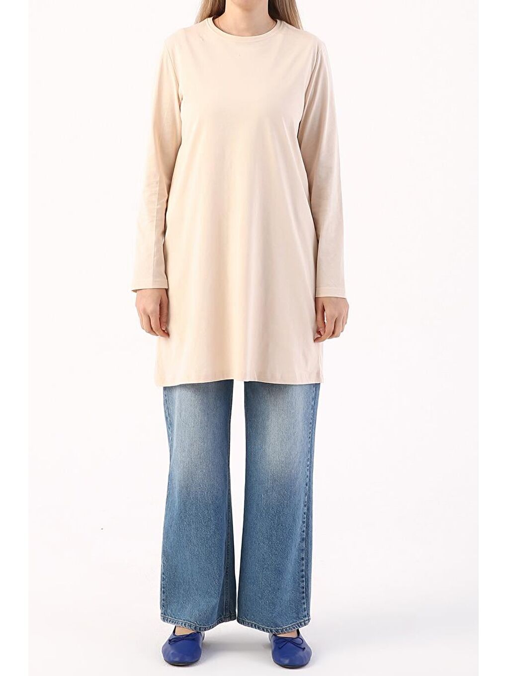 Bej Basic Pamuklu Süprem Sweat Tunik