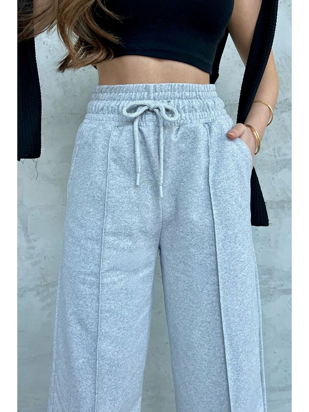 Kadın Mevsimlik Salaş Geniş Paça Yüksek Bel Gri Eşofman Altı-3