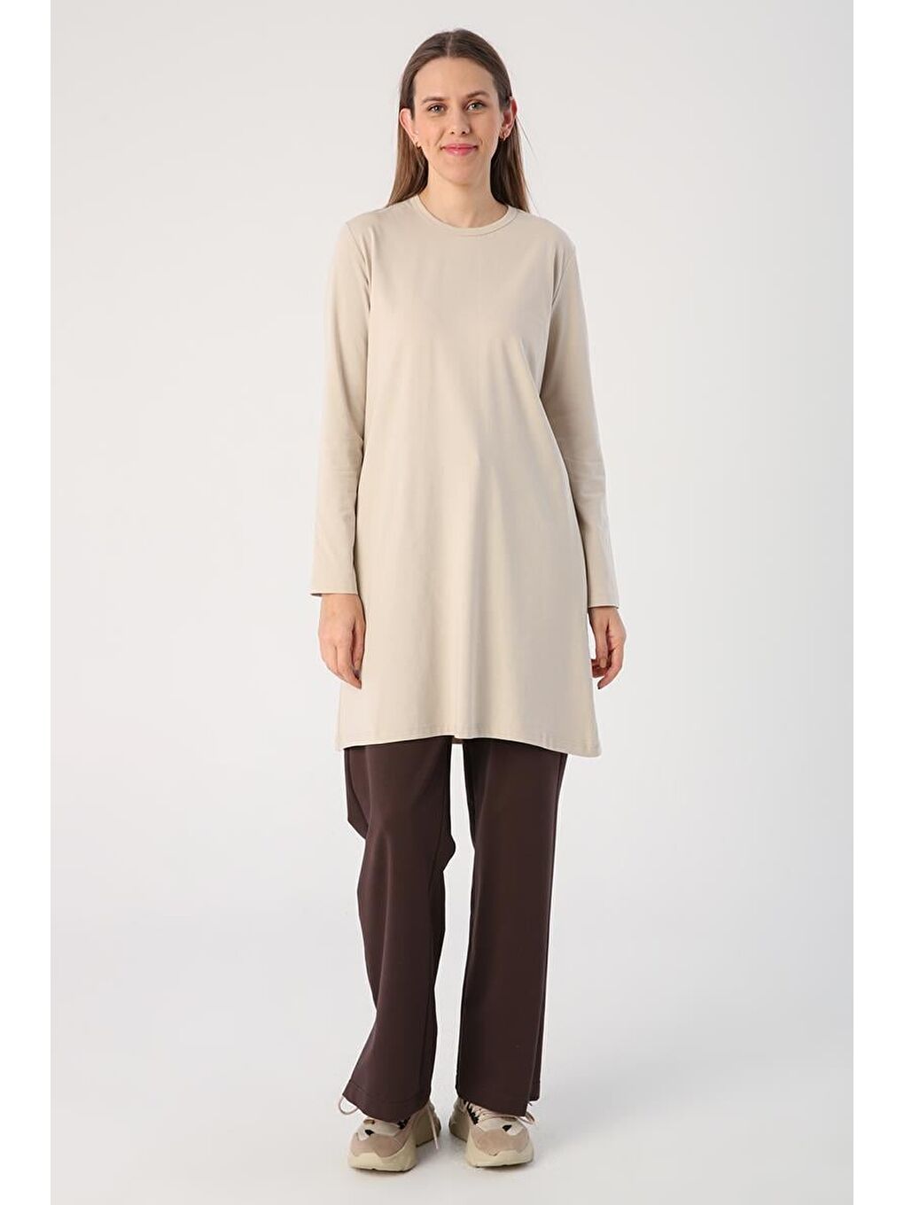 Bej Taş Basic Pamuklu Süprem Sweat Tunik-1