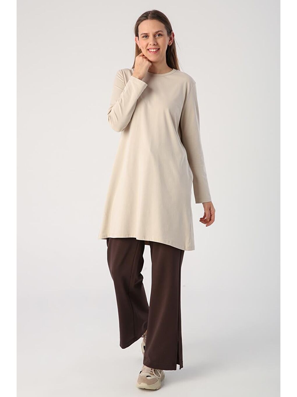 Bej Taş Basic Pamuklu Süprem Sweat Tunik-2