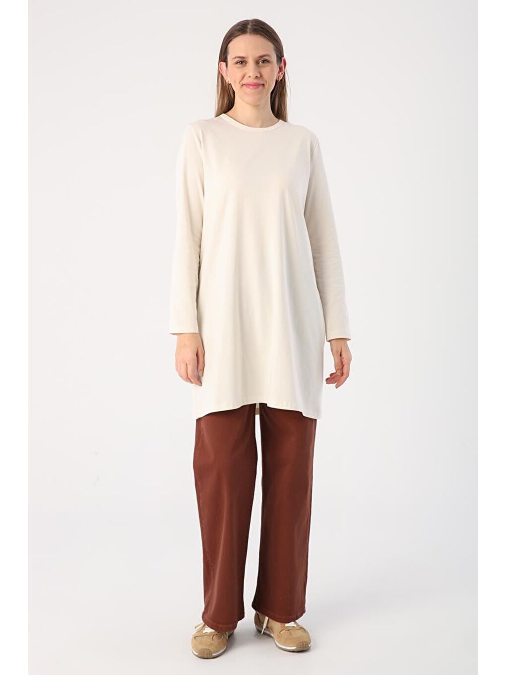 Ekru Basic Pamuklu Süprem Sweat Tunik-1