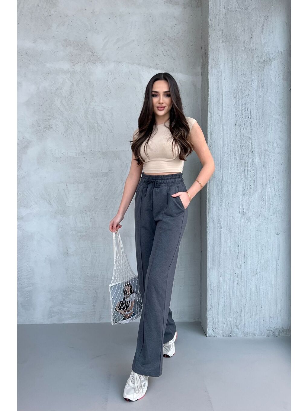 Kadın Mevsimlik Salaş Geniş Paça Yüksek Bel Antrasit Eşofman Altı