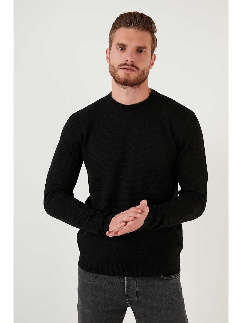 Siyah Pamuklu Slim Fit Bisiklet Yaka Kazak 6353401-4