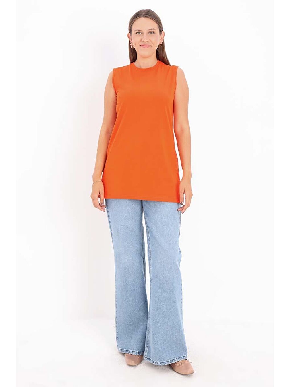 Turuncu-%100 Pamuk Kolsuz T-Shirt Tunik-1
