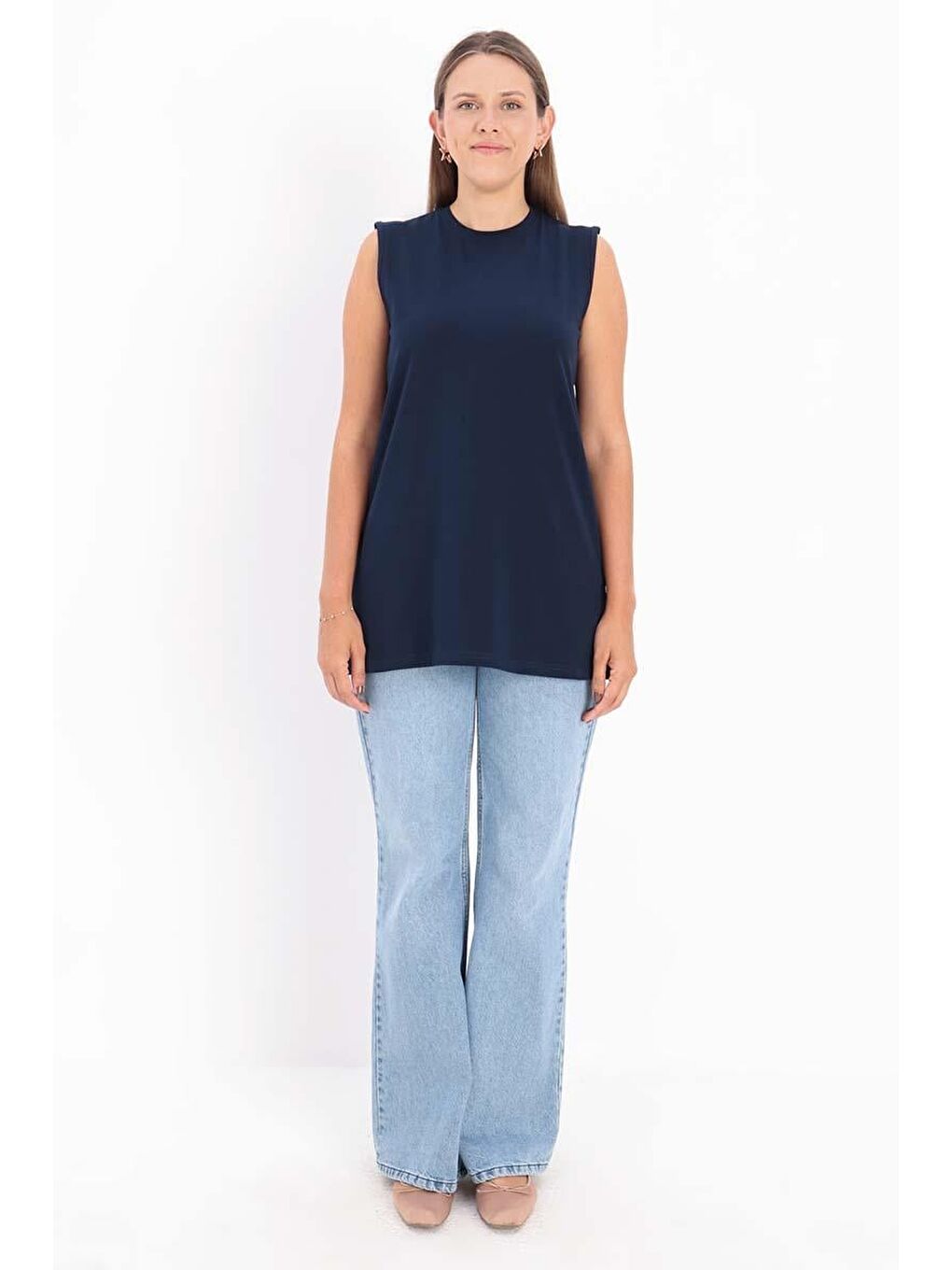 Lacivert Pamuklu Basic Kolsuz Tişört Tunik-1