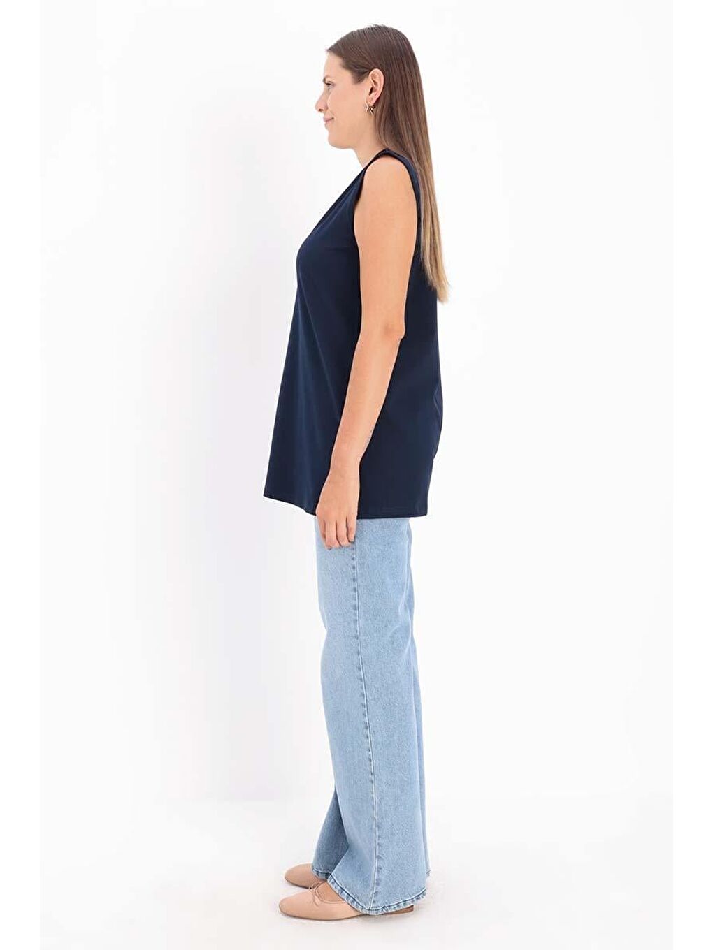 Lacivert Pamuklu Basic Kolsuz Tişört Tunik-2