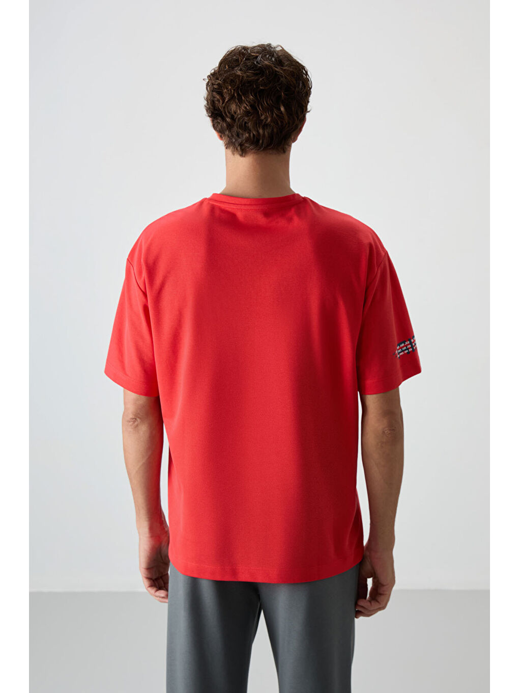 Kırmızı Pamuklu Kalın Yüzeyi Dokulu  Fit  Baskılı Erkek Tişört - 88369-4