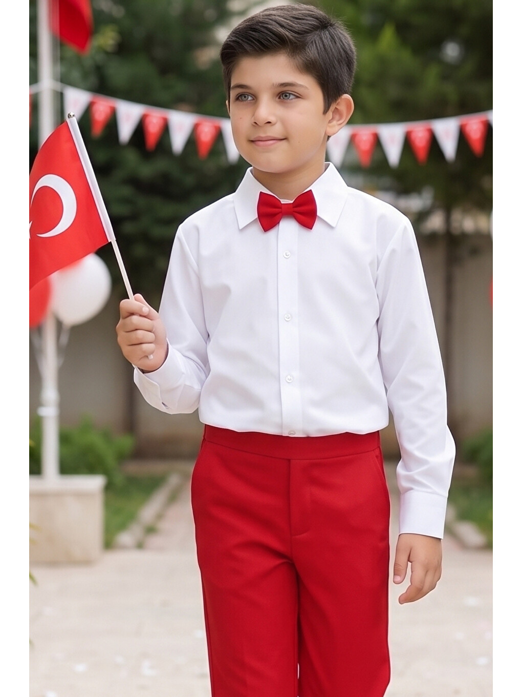 Erkek Çocuk Milano Beyaz Gömlek Kırmızı Pantolon Papyonlu Alt Üst Takım 23 Nisan Gösteri Kıyafeti-1