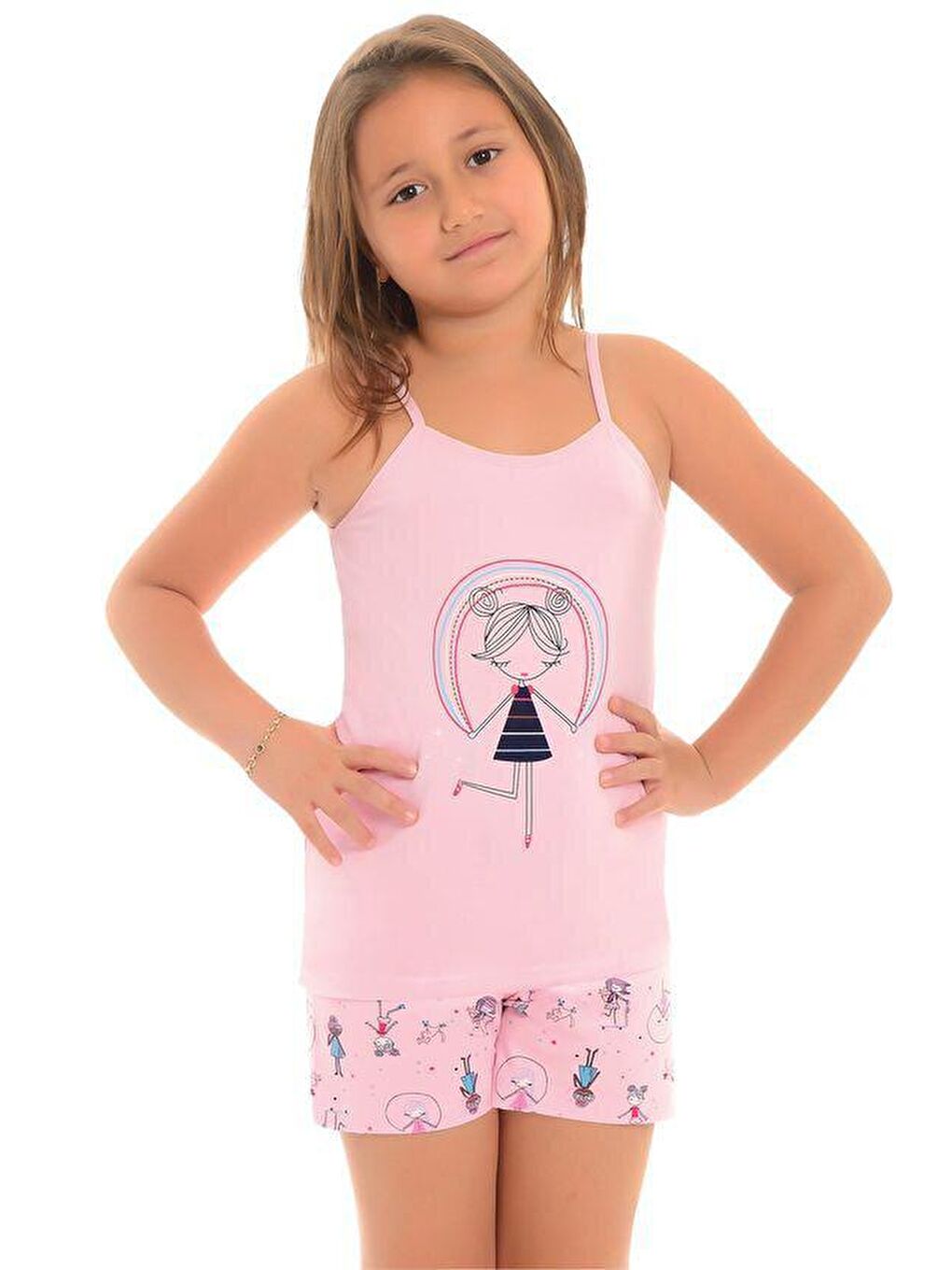 LITTLE FROG KIDS Pembe Pamuklu İnce Askılı Desenli Şortlu Kız Çocuk Pijama Takım