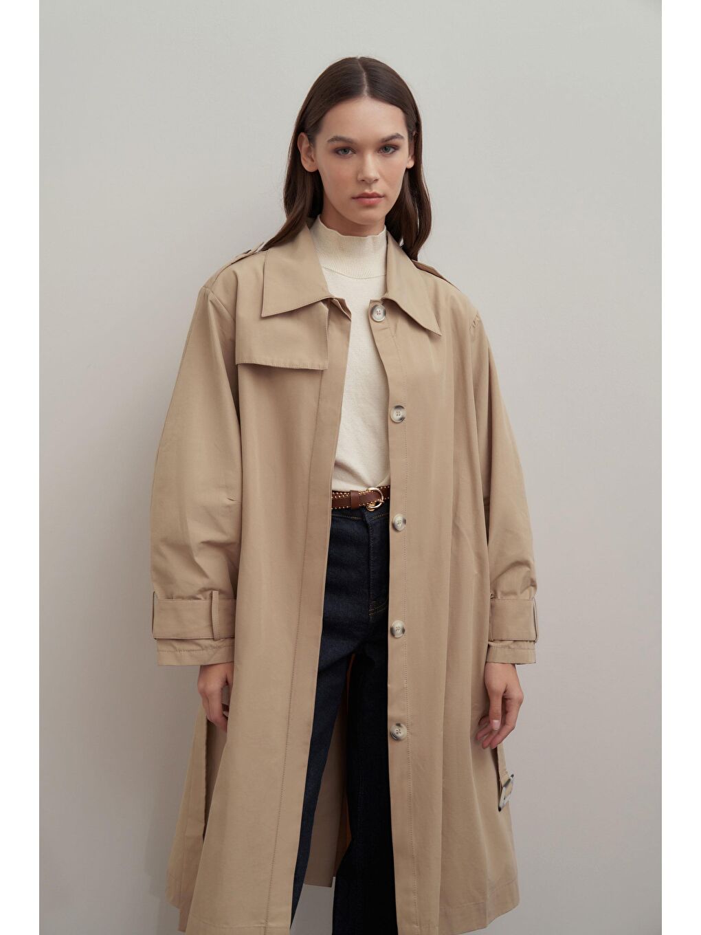 Bej-Kemerli Cepli Rüzgarlıklı Trençkot-3