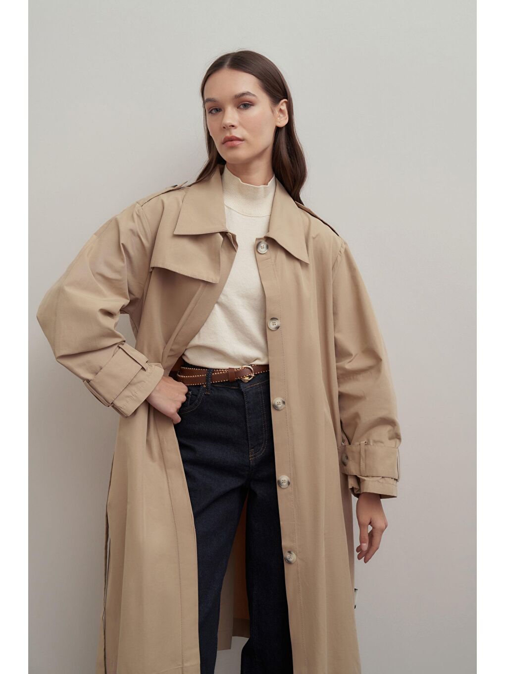 Bej-Kemerli Cepli Rüzgarlıklı Trençkot-4
