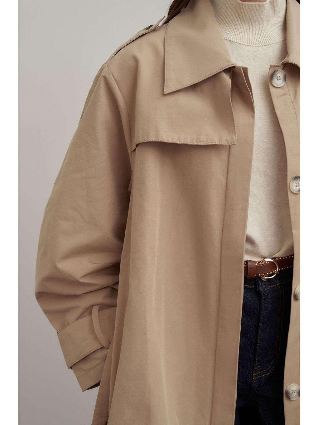 Bej-Kemerli Cepli Rüzgarlıklı Trençkot-5