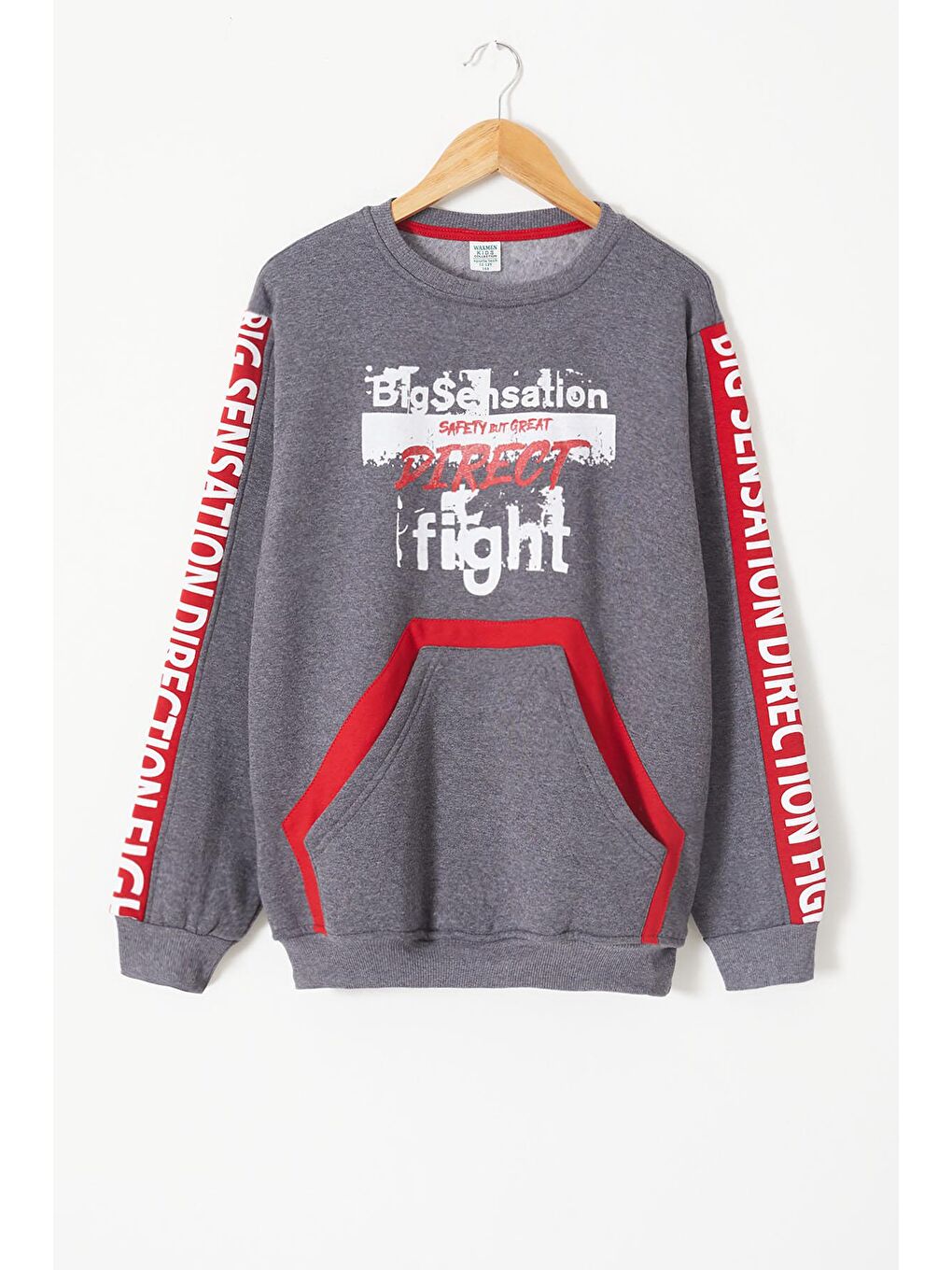 Gri Erkek Çocuk Direct Yazı Baskılı Kanguru Cep Sweatshirt 14130