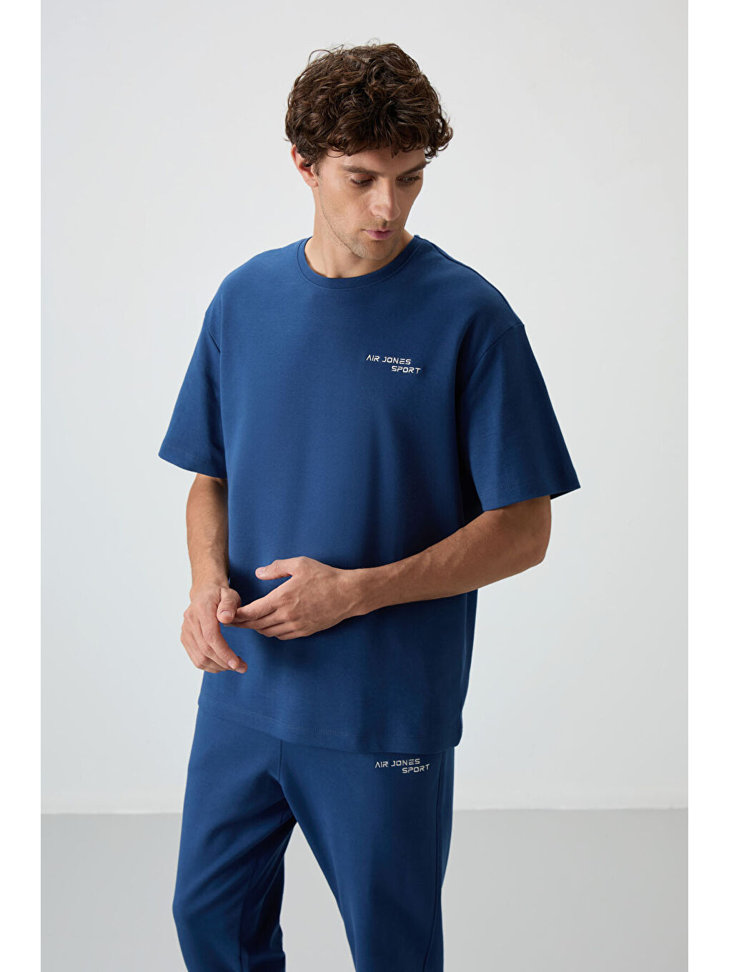 Mavi Pamuklu Kalın Yumuşak Dokulu  Fit Nakışlı Erkek Eşofman Takım - 85252-2