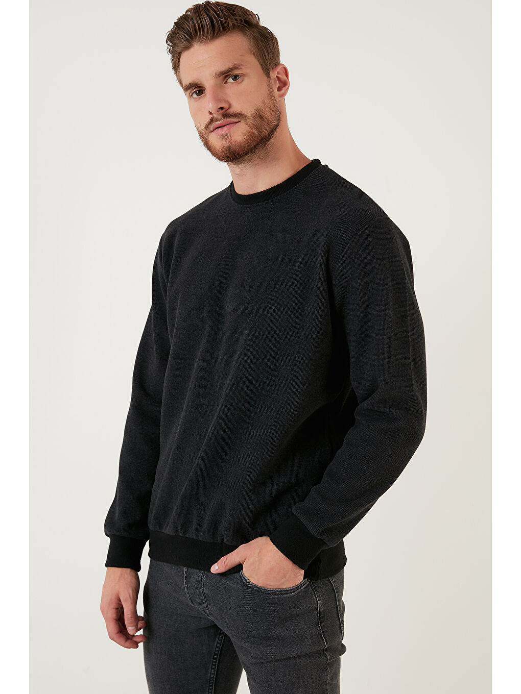 Antrasit Slim Fit Bisiklet Yaka Pamuklu Büyük Beden Kazak 456201-5