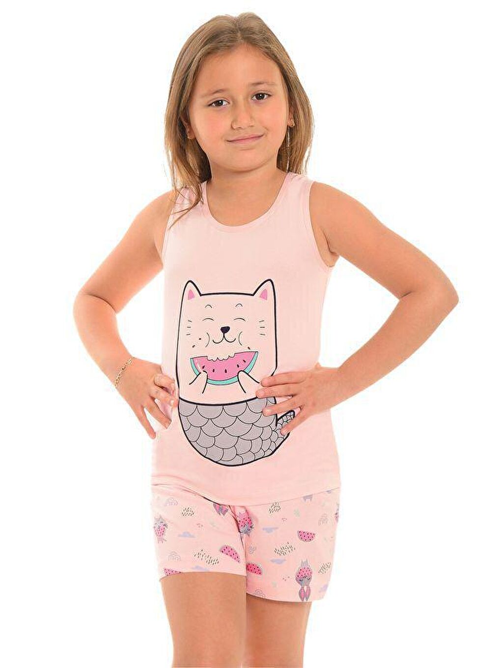 LITTLE FROG KIDS Şeftali Pamuklu Kalın Askılı Desenli Şortlu Kız Çocuk Pijama Takım