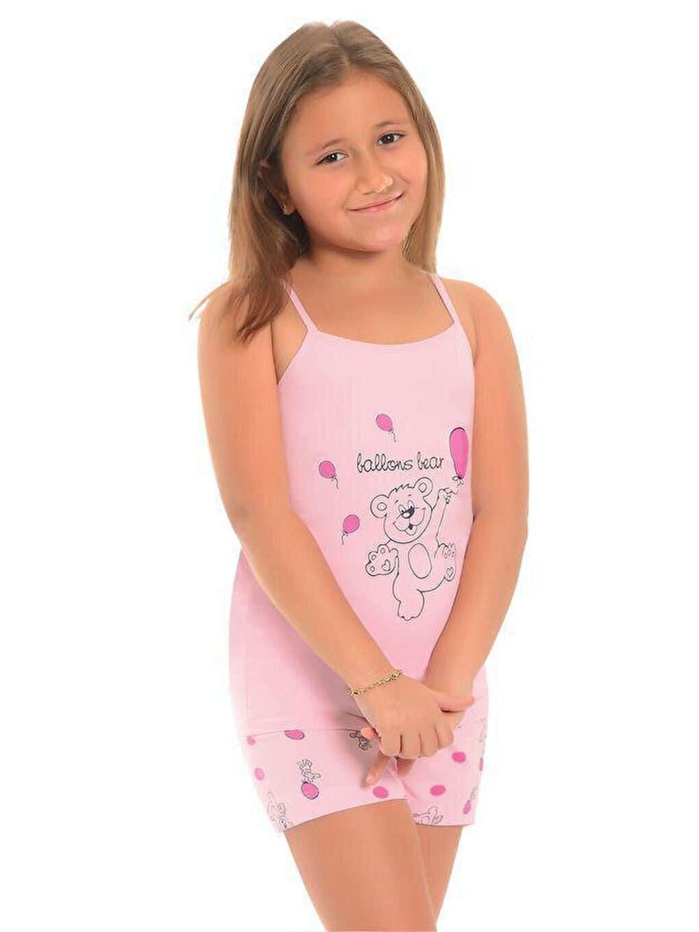 LITTLE FROG KIDS Pembe Pamuklu İnce Askılı Desenli Şortlu Kız Çocuk Pijama Takım