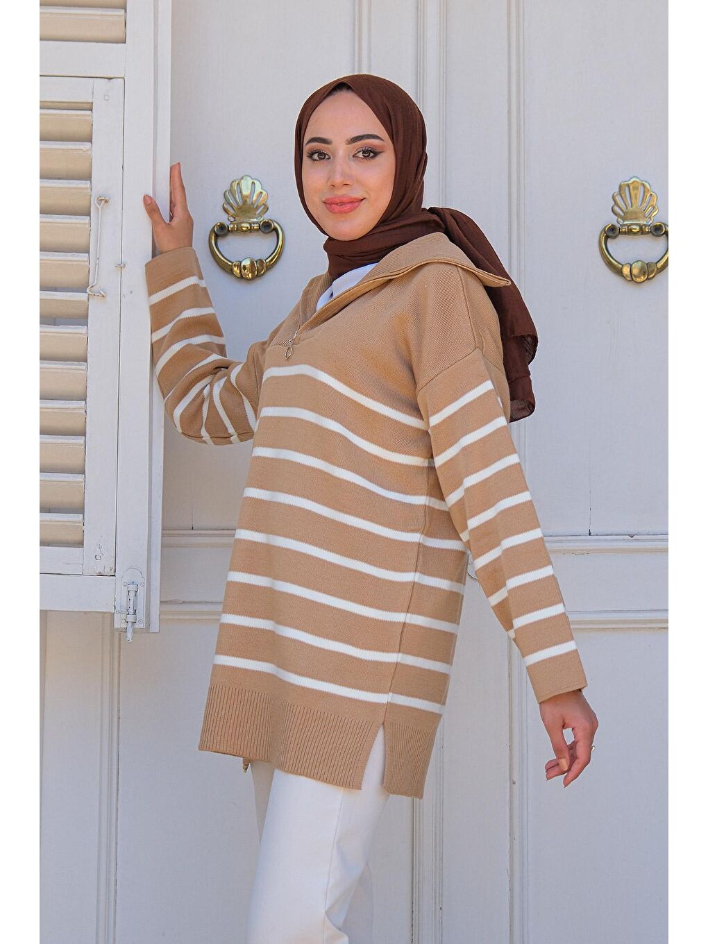 Bej Kadın Çizgili Triko Kazak Vizon-1