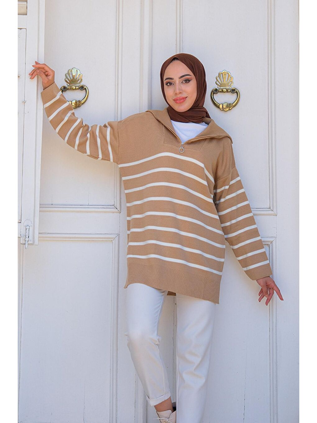 Bej Kadın Çizgili Triko Kazak Vizon-2