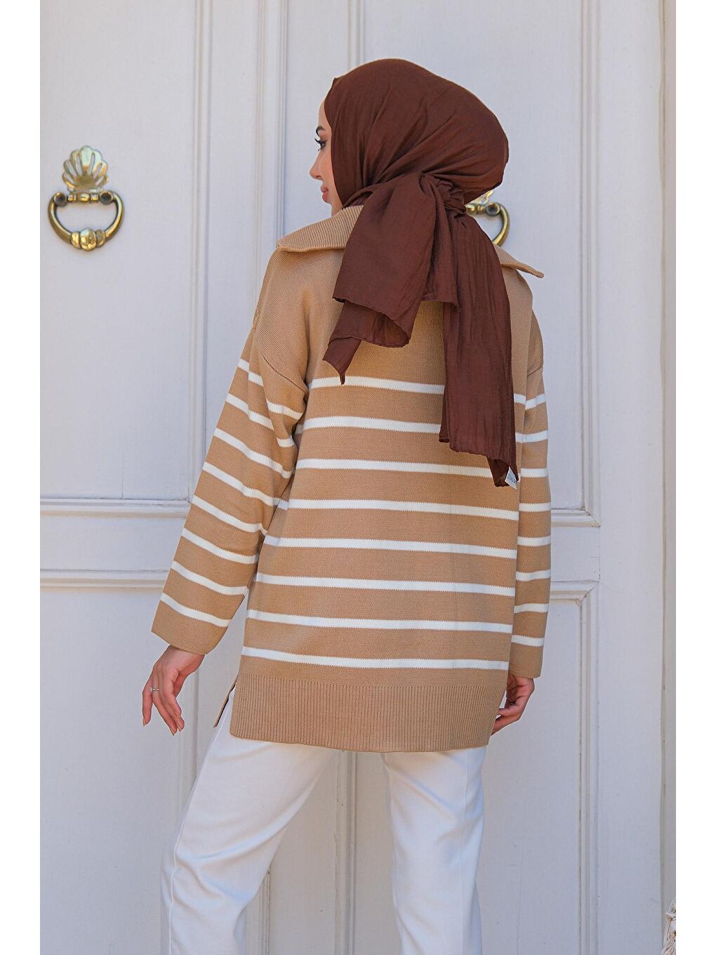Bej Kadın Çizgili Triko Kazak Vizon-3