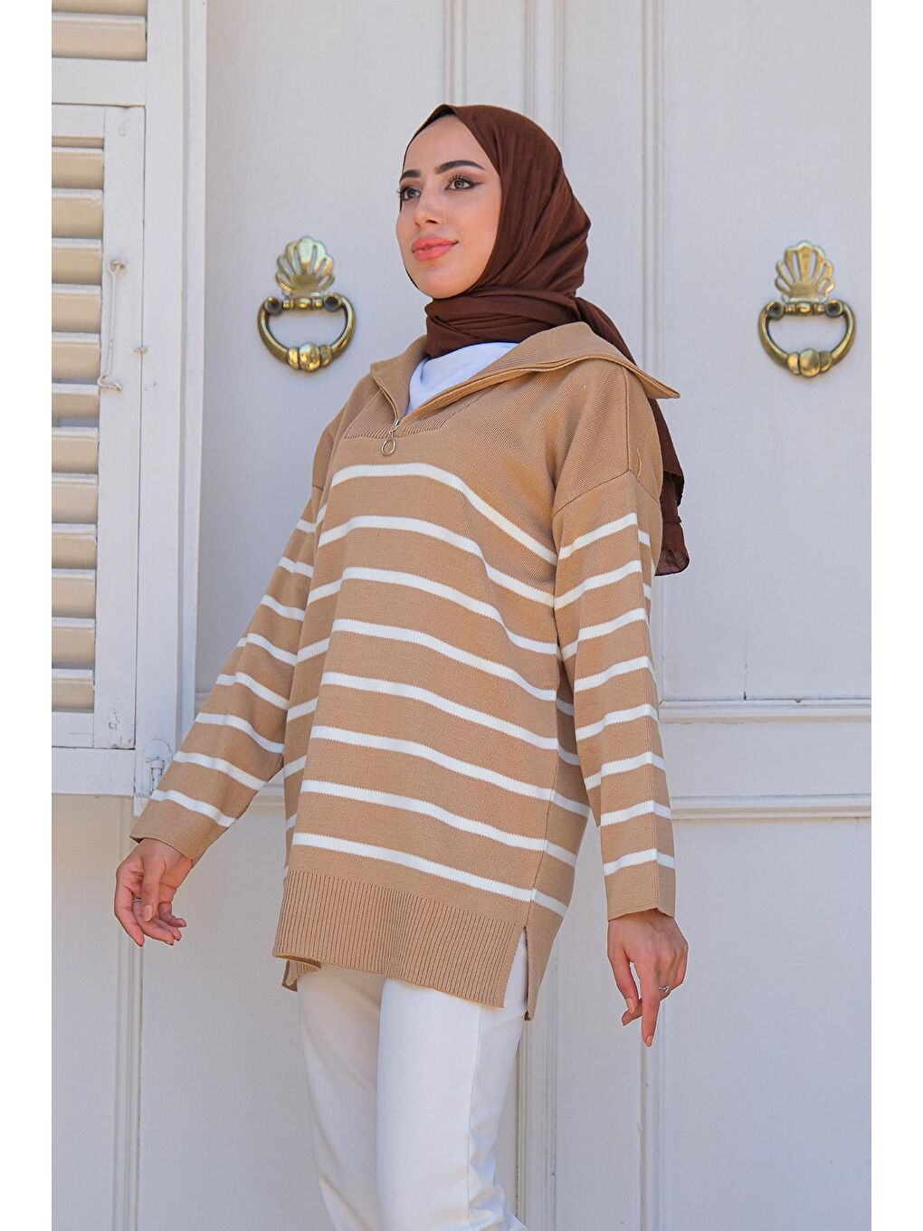 Bej Kadın Çizgili Triko Kazak Vizon-4