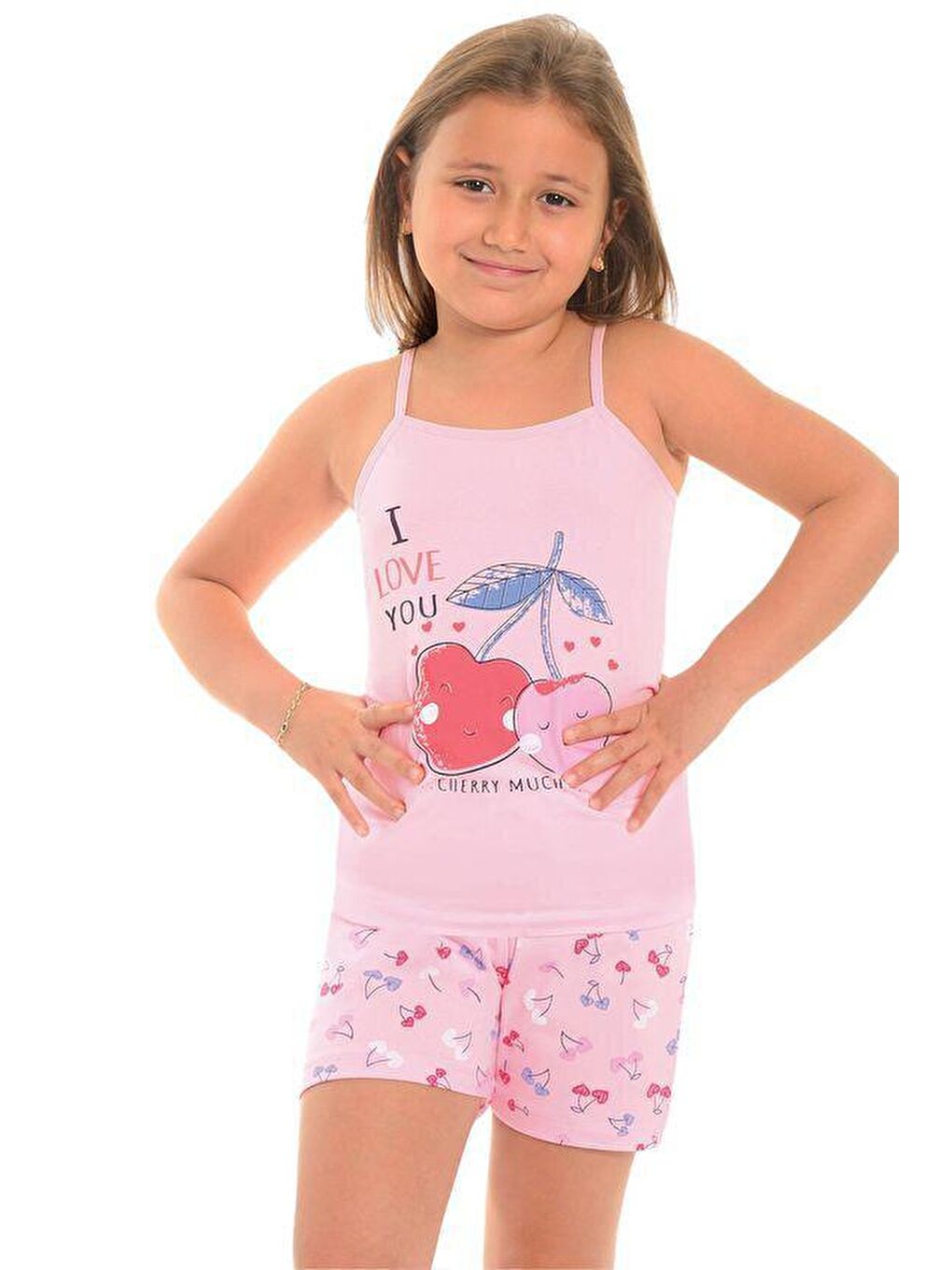 LITTLE FROG KIDS Pembe Pamuklu İnce Askılı Desenli Şortlu Kız Çocuk Pijama Takım