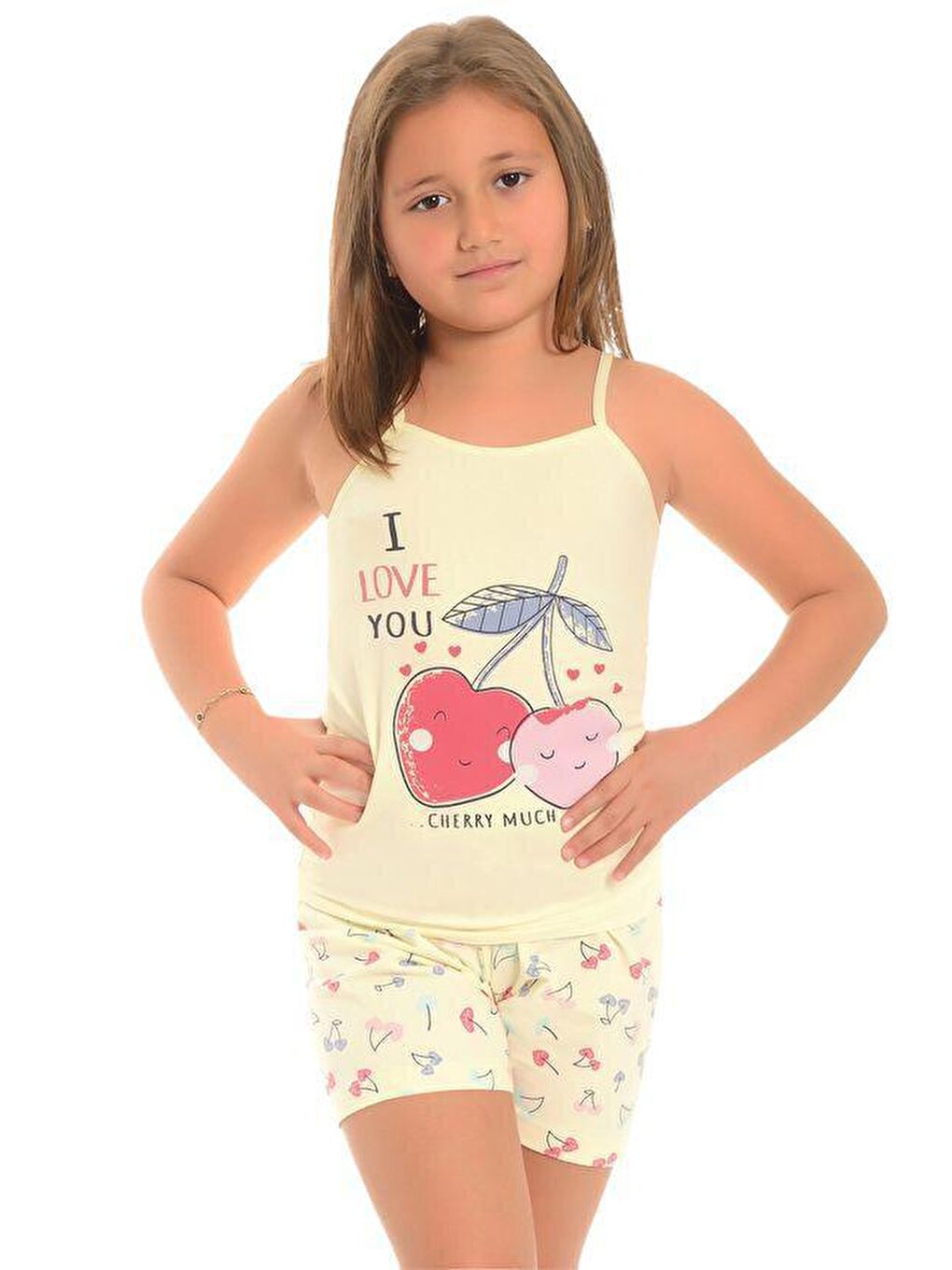 LITTLE FROG KIDS Sarı Pamuklu İnce Askılı Desenli Şortlu Kız Çocuk Pijama Takım