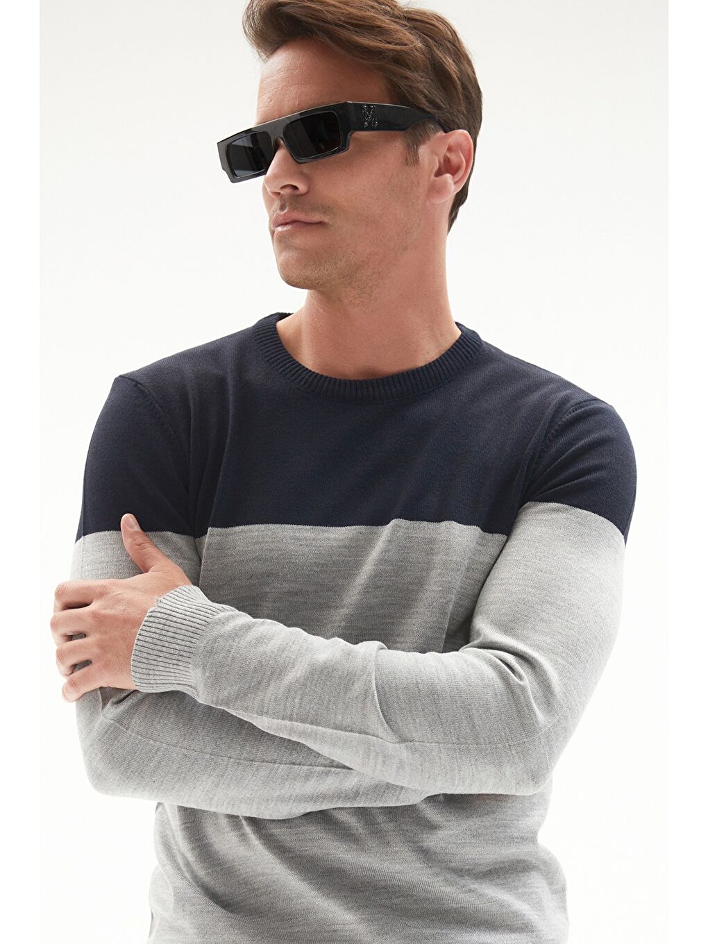 Gri Erkek Regular Fit Renk Bloklu Triko Kazak-4