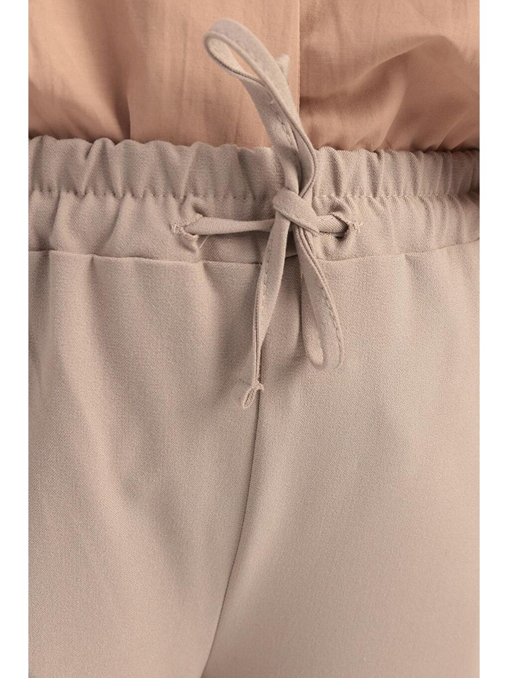 Bej-Beli Lastikli Kordonlu Pantolon-3